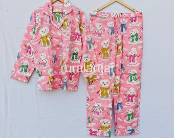 Hand Block Print Cotton Pajama Set, Dog Print Night Suit