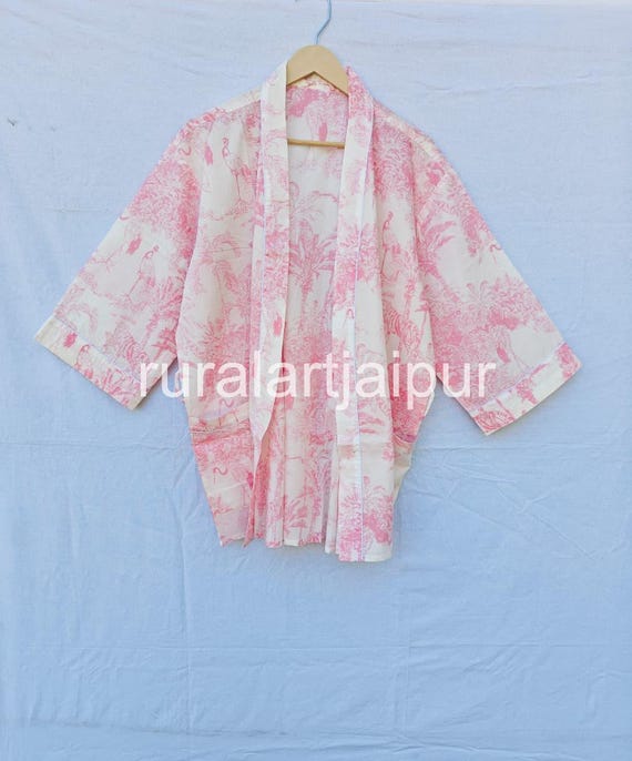 short cotton kimono dressing gown Cotton Kimono Robe Dressing Gown, Block Print Bridesmaid Robe, One Size, Summer Nightwear