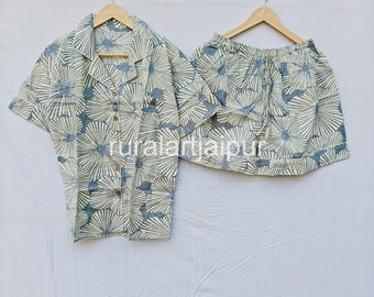 Hand Block Print Cotton Pajama Set, Floral Summer Sleepwear, Bridesmaid PJs