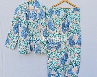 Hand Block Print Cotton Pajama Set, Floral Sleepwear