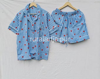 Blue Heart Print Cotton Pajama Set