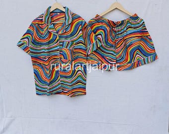 Rainbow Print Cotton Pajama Set: Bridal Short Set