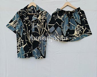 Cotton Pajama Set, Block Print Sleepwear, Women's Summer Dress