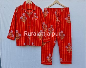 Orange Floral Cotton Pajama Set, Personalized Bridal PJs