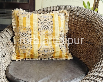 Hand Block Print Cotton Pillow Cover: Stripe Tiger Design with Frill