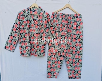 Indian Cotton Pajama Set, Bohemian Floral Lounge Sleepwear