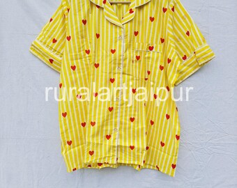 Yellow Striped Heart Cotton Pajama Set, Summer Sleepwear