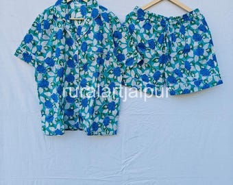 Indian Floral Cotton Pajama Set, Short Sleeve PJs