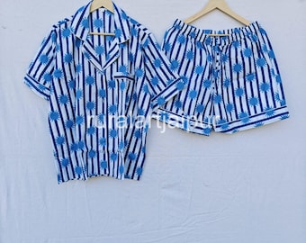 100% Cotton Hand Block Print Pajama Set, Blue Stripe Short Pajamas