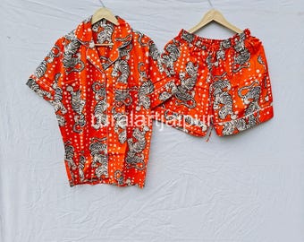 Cotton Tiger Print Pajama Set: Indian Lounge Sleepwear