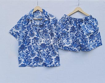 Indian Floral Print Cotton Pajama Set: Short PJs