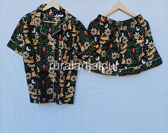 Rabbit Print Cotton Pajama Set, Women's Short Pajamas