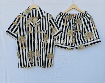 100% Cotton Hand Block Print Pajama Set, Palm Tree Stripe Shirt Shorts