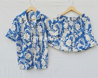 Cotton Pajama Set, Block Print Sleepwear, Women's Summer Dress