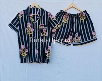 Striped Cotton Pajama Set, Floral Print Sleepwear, Bridesmaid Gift