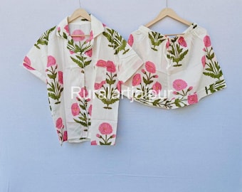 Block Printed Short Pyjama, Indian Hand Block Print, Night Wear Cotton Pajamas Set, Gift For Her, cute sleepwear set, Night Suit
