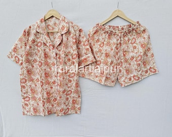 Block Print Short Pajamas, Pyjama, Floral Cotton Shorts Pajama Set
