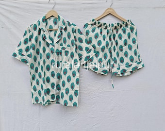 Turquoise Peacock Feather Cotton Pajama Set: Bridal Party PJs