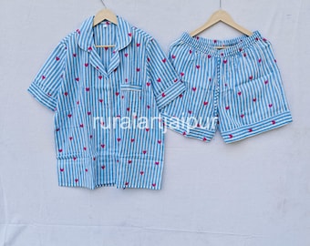Cotton Pajama Set, Striped Heart Print Sleepwear