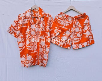 Orange Floral Cotton Pajama Set, Women's Short Sleepwear