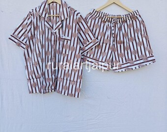 Hand Block Print Cotton Short Pajama Set, Bridesmaid Bachelorette Party Gift
