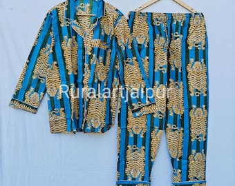 Blue Stripe Tiger Print Cotton Pajamas, Bridesmaid PJ Set