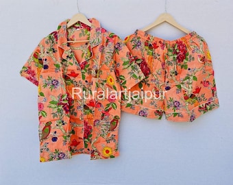 Indian Tropical Bird Print Pajamas: 100% Cotton Summer PJs