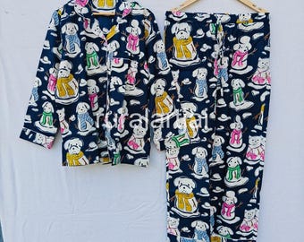 100% Cotton Dog Print Pajama Set, Jaipur Floral Nightwear, Loungewear