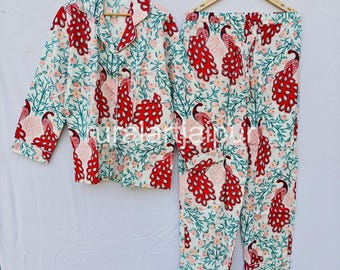 Indian Cotton Pajama Set, Floral Peacock Print Family PJs