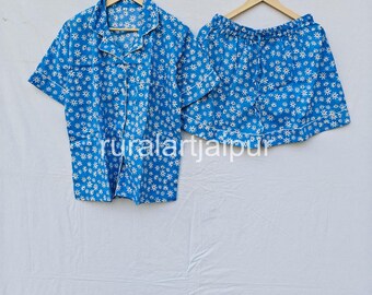 Blue Floral Bridesmaid Pajama Set, 100% Cotton Matching PJs