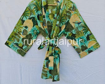 Indian Floral Print Cotton Kimono Robe: Short Beach Cover-Up