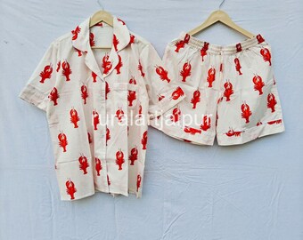 Cotton Pajama Set, Block Print Sleepwear, Women's Summer Dress