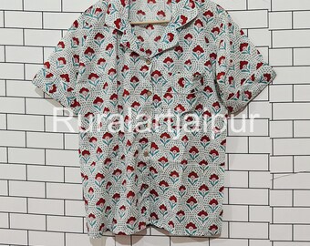 Cotton Pajama Set: Floral Block Print Shirt and Shorts