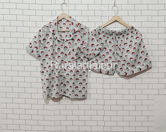 Hand Block Cotton Pajama Set: Floral Print Short Sleepwear