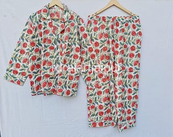 Indian Floral Cotton Pajama Set, Bohemian Sleepwear