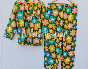 Hand Block Print Cotton Pajama Set, Floral Nightwear