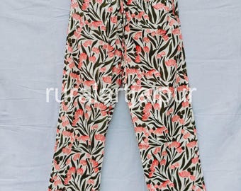 Floral Print Cotton Pajama Pants - Adjustable Waist - All-Season Wear