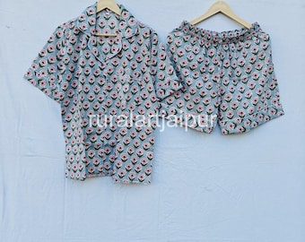 Hand Block Print Cotton Short Pajama Set, Floral Sleepwear, Summer Loungewear