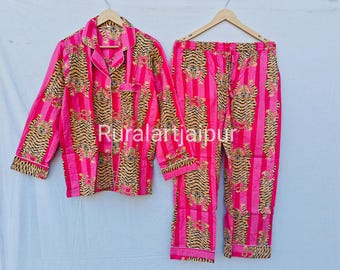 Pink Stripe Tiger Print Cotton Pajama Set