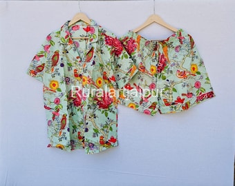 Hand Block Print Cotton Shorts: Bird & Floral Design