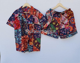 Hand Block Printed Cotton Pajama Set: Floral Shorts PJs