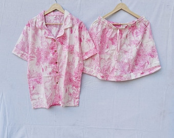 Pink Floral Jungle Print Cotton Short Set: Bridesmaid Pajamas