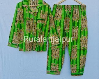 Green Stripe Tiger Print Cotton Pajama Set, Personalized Sleepwear