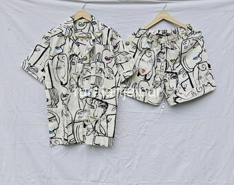 Women's Cotton Pajama Set, Abstract Face Print Loungewear, Summer Sleepwear