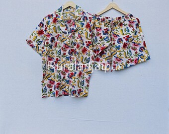 Floral Cotton Pajama Set, Short Bridal Night Suit
