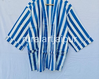 Striped Cotton Kimono Robe: Indian Print Short Jacket