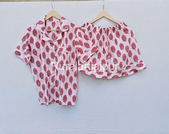 Cotton Short Pajama Set, Peacock Print Sleepwear