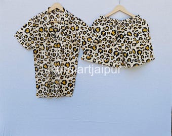 Tiger Print Cotton Pajama Set, Women's Sleepwear
