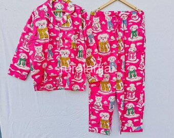 100% Cotton Block Print Dog Pajama Set, Resort Wear, Women's Sleepwear