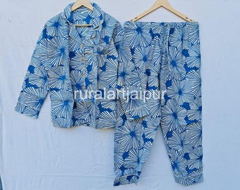 Indian Floral Cotton Pajama Set, Women's Lounge Sleepwear